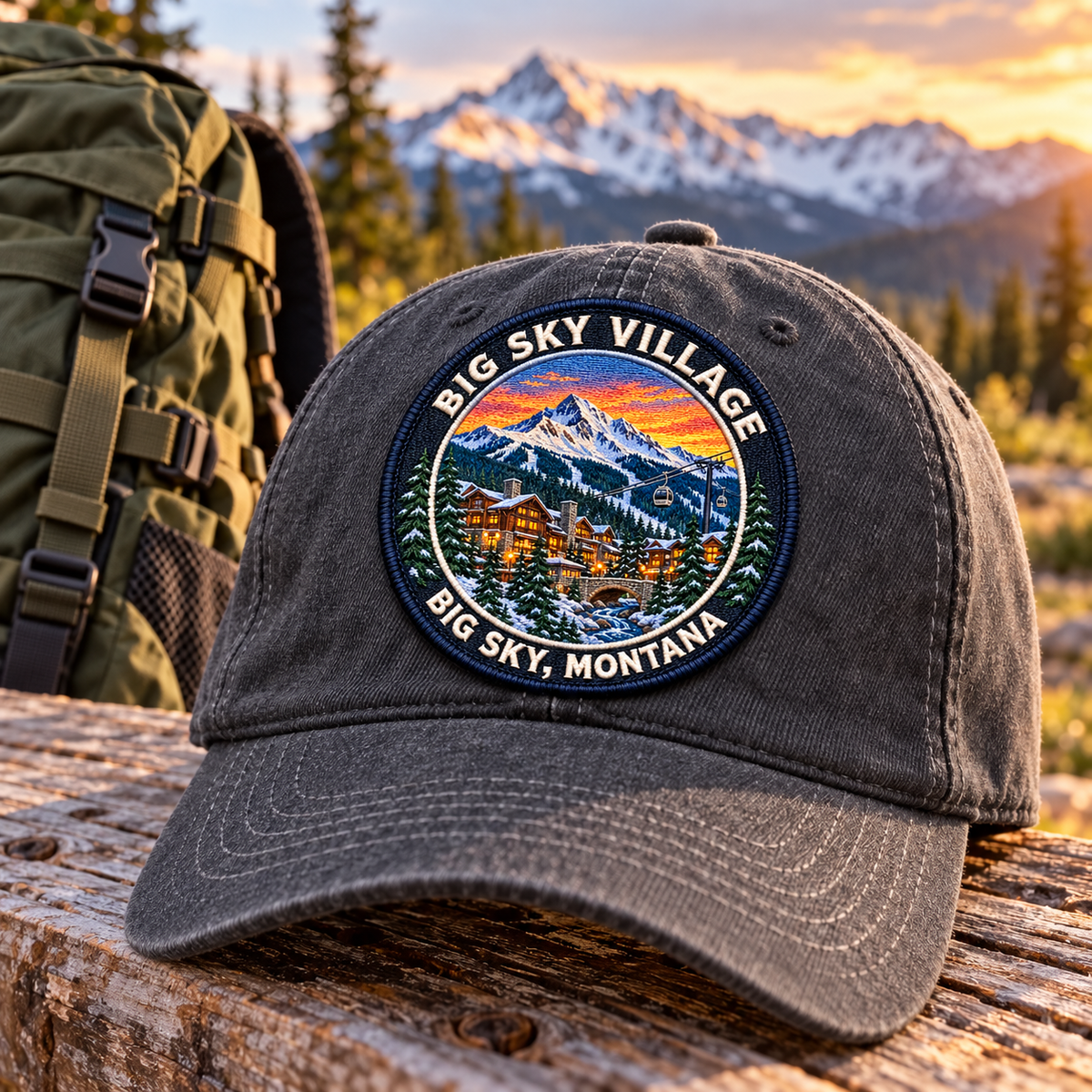 Big Sky Village UV printed embroidered-look patch on a cap alongside a backpack; accessories not included