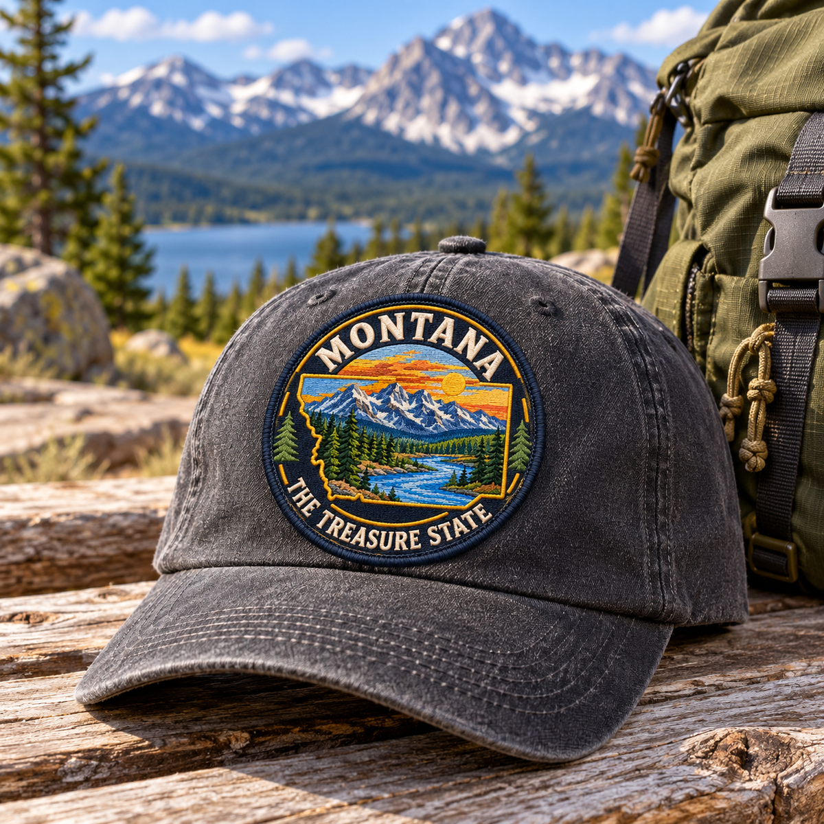 Montana The Treasure State 2.5 inch souvenir patch on charcoal cap by hiking backpack; accessories not included