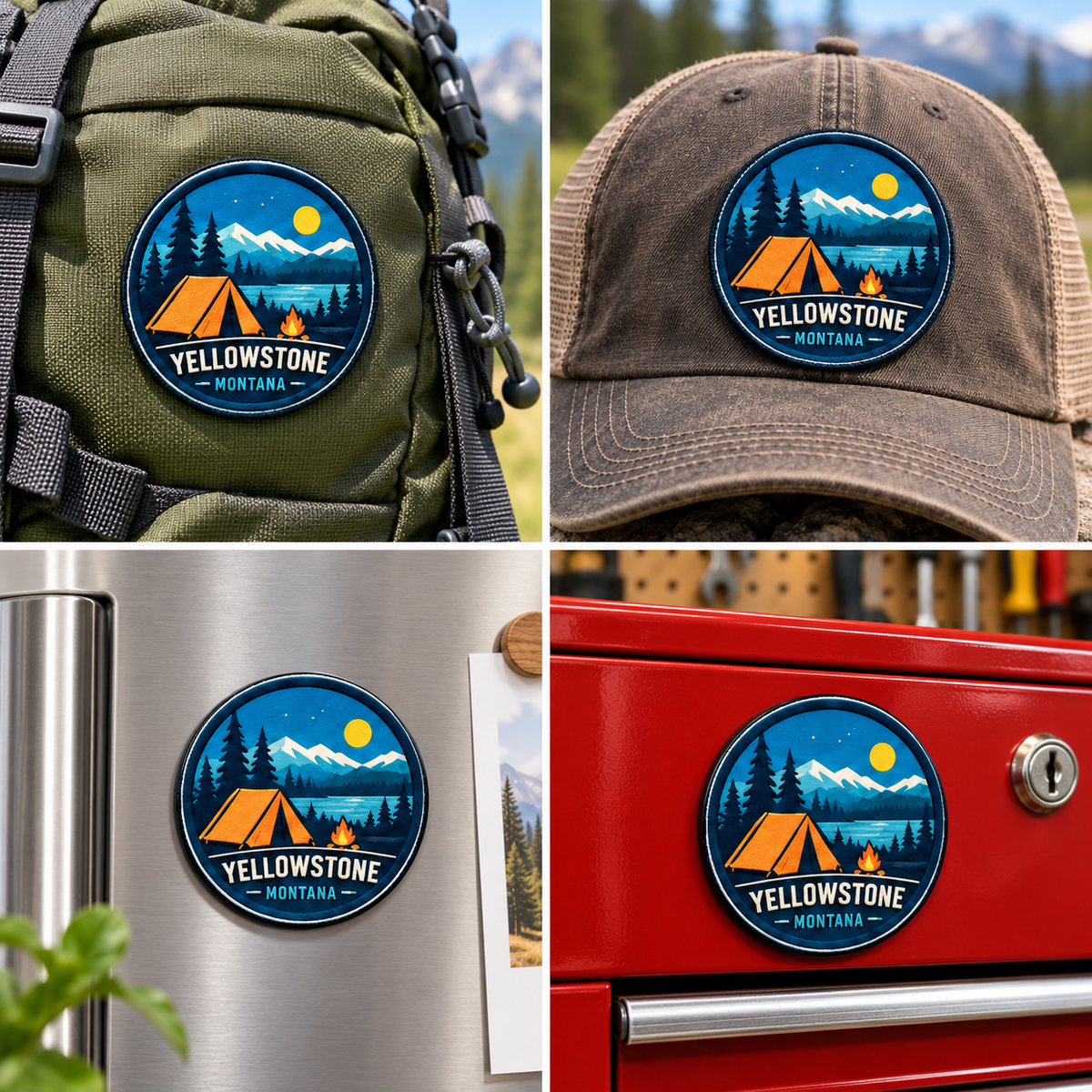 Yellowstone — Camping UV 3D: patch on hiking backpack and cap, magnet on refrigerator and toolbox.