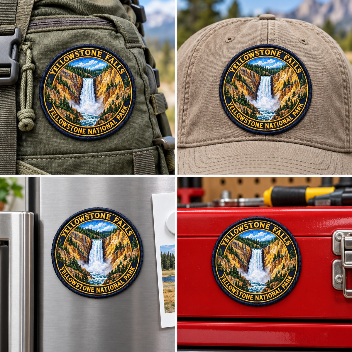 Yellowstone — Yellowstone Falls UV 3D: patch on hiking backpack and cap, magnet on refrigerator and toolbox.