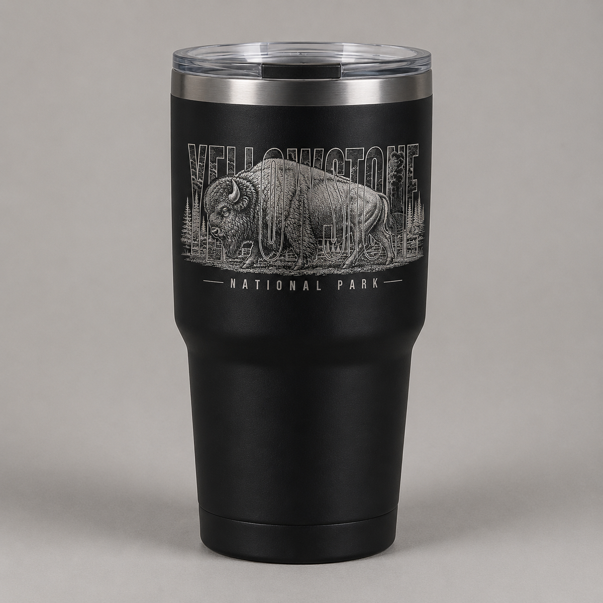Yellowstone National Park Bison black 20 oz tumbler, clean studio product image