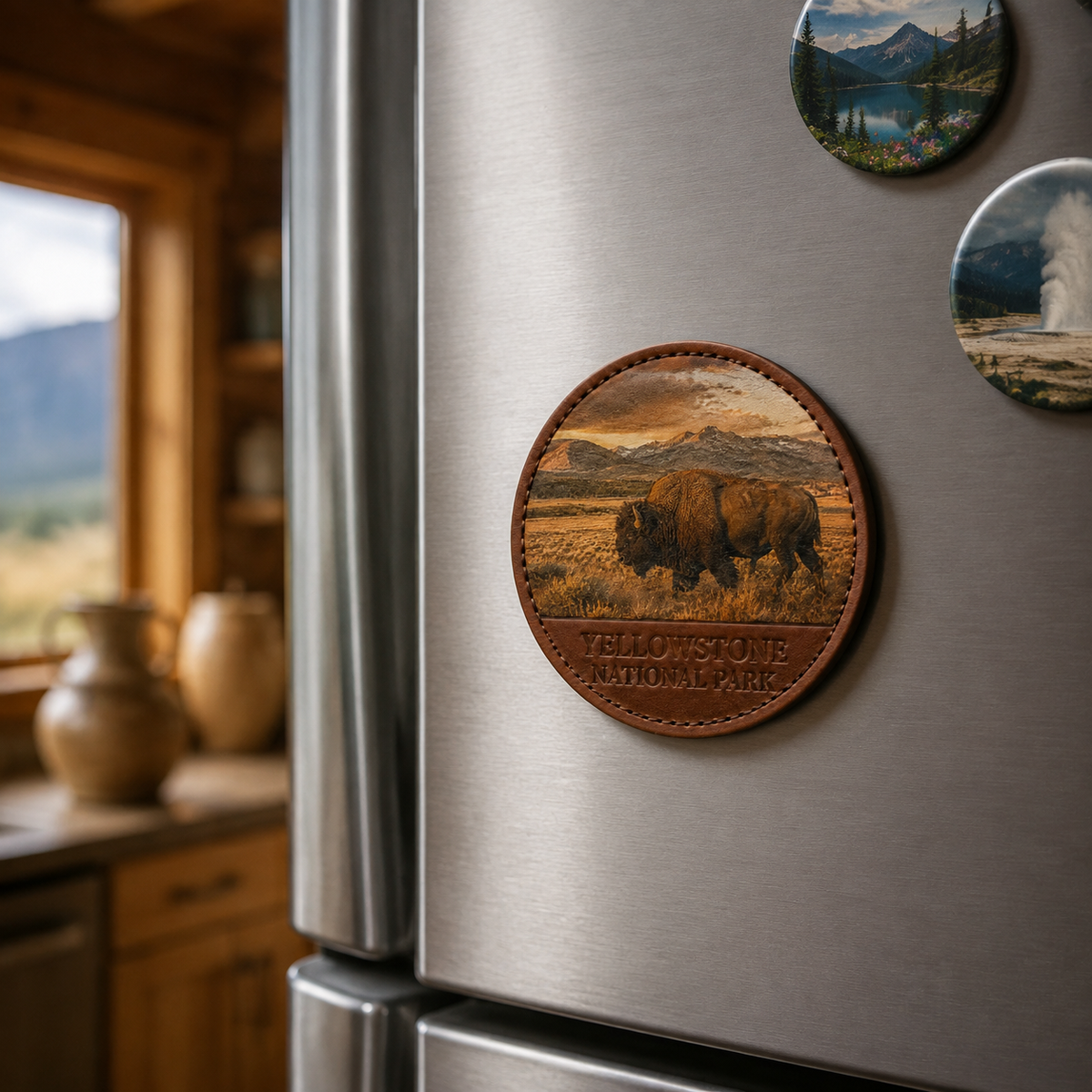 Yellowstone bison collectible magnet on refrigerator
