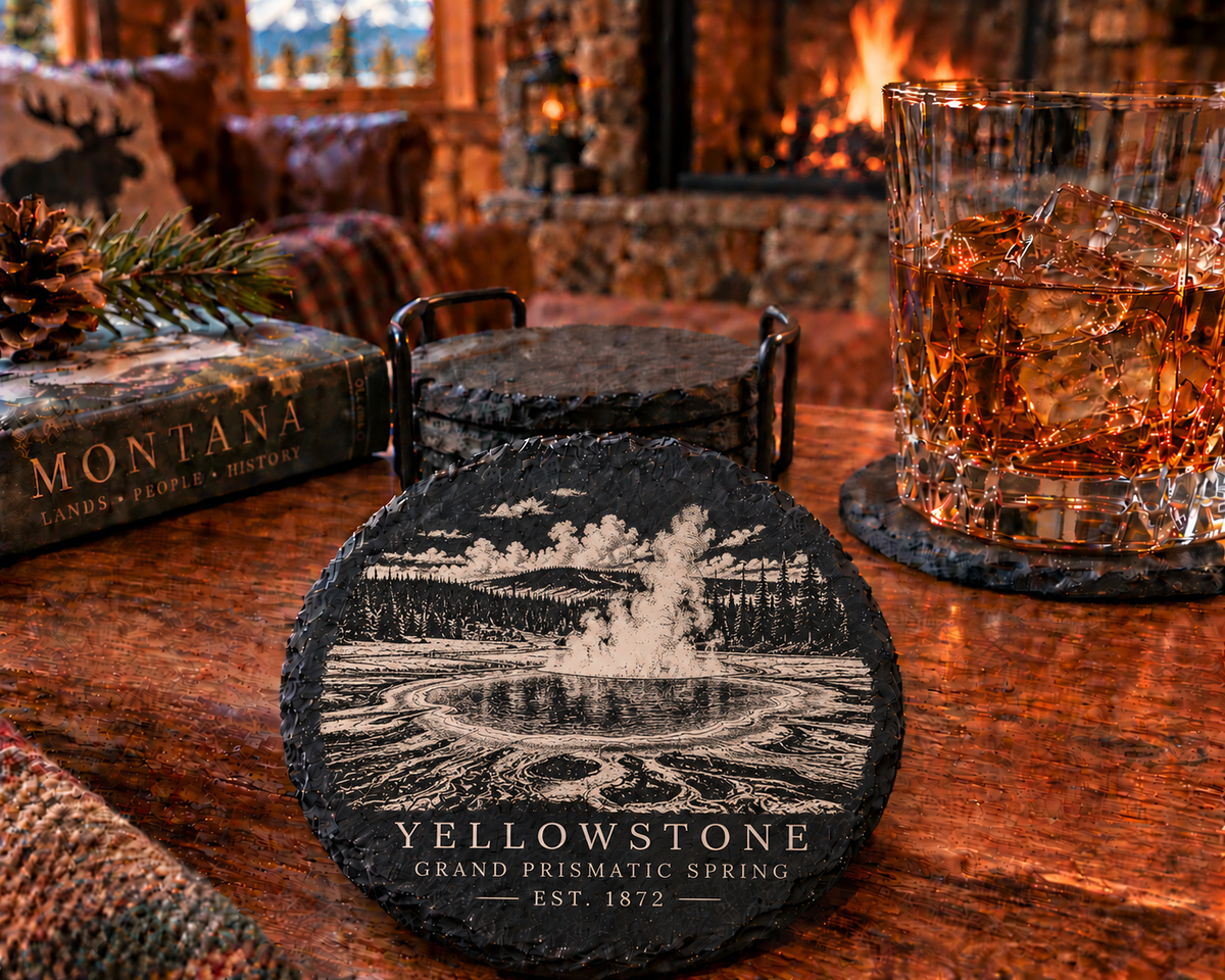 Yellowstone Grand Prismatic Spring engraved black slate coaster lodge lifestyle