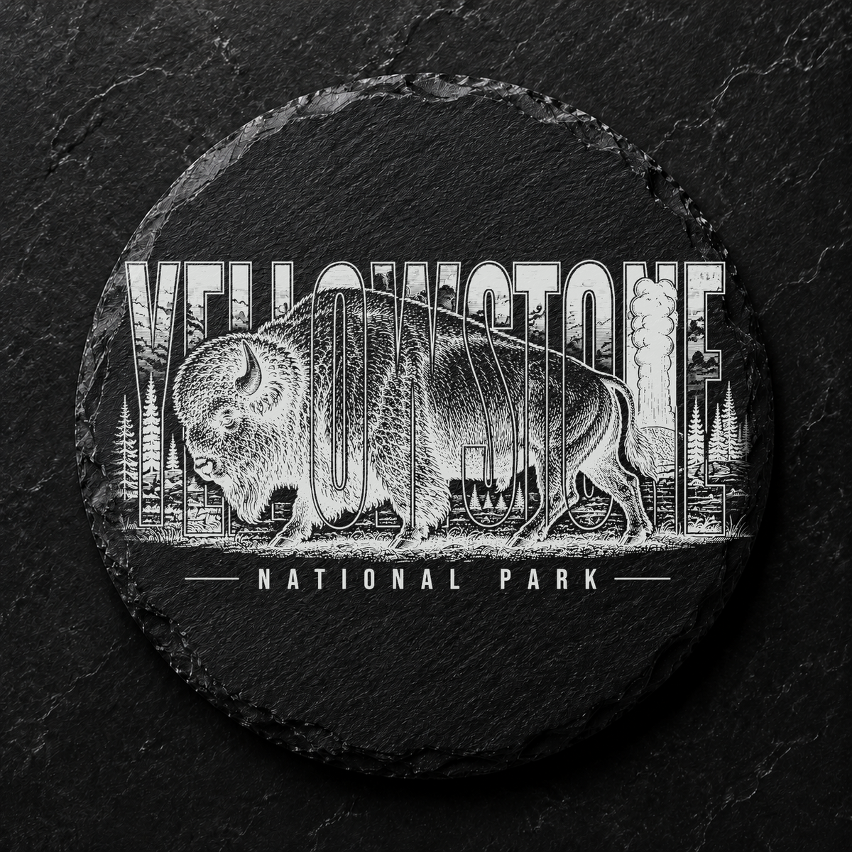 Full-face Yellowstone bison artwork on a four-inch round slate coaster