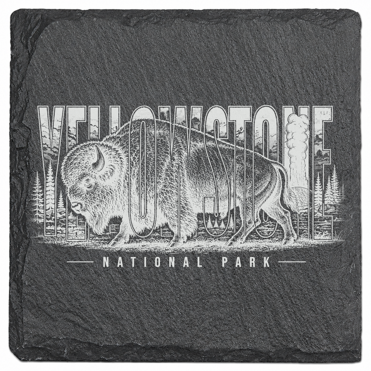 Full-face Yellowstone bison artwork on a four-inch square slate coaster