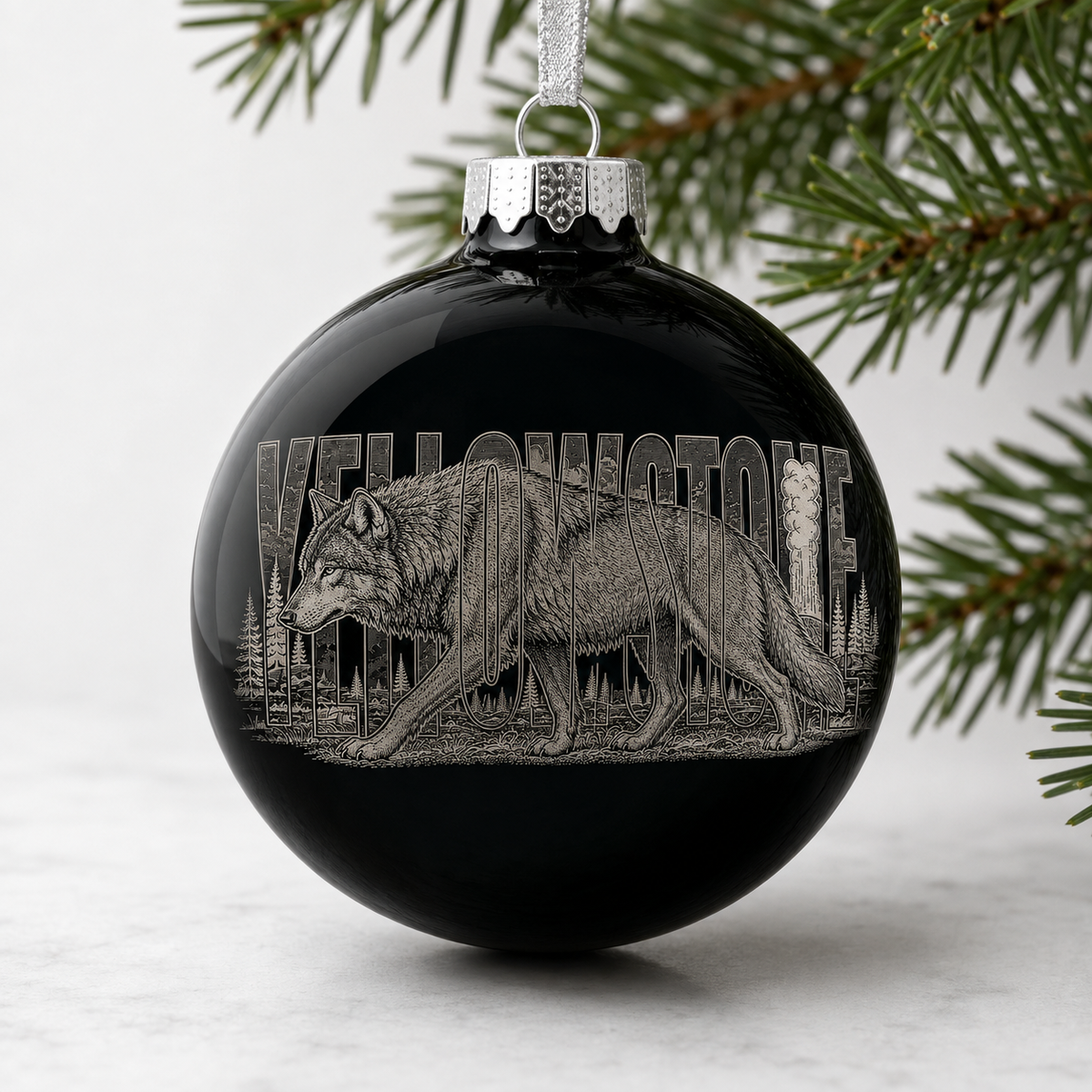Yellowstone National Park Wolf Black Round Glass Ornament product image
