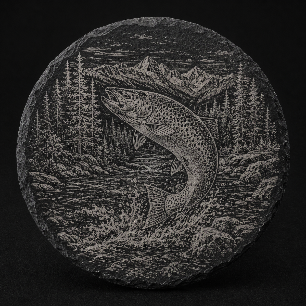 Cutthroat Trout full-face engraved black slate coaster