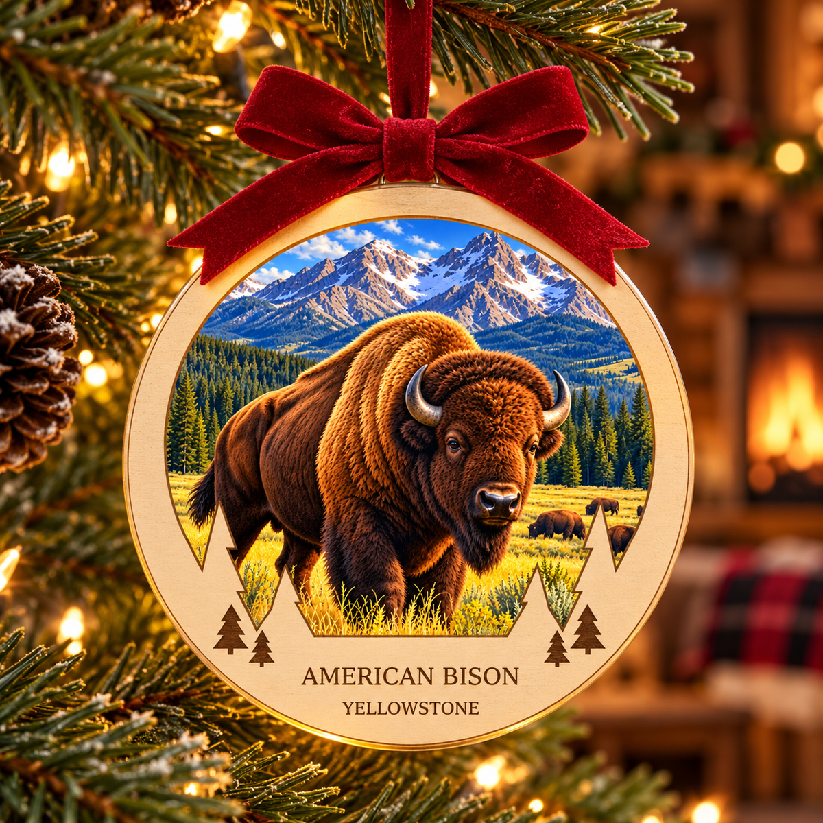 Yellowstone LED Christmas ornament with red velvet bow in a holiday lifestyle scene