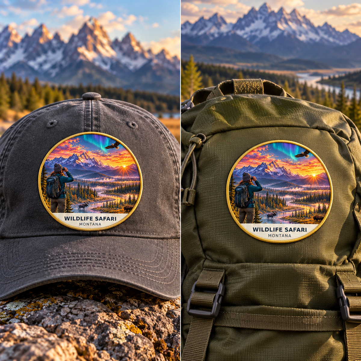 Wildlife Safari Montana patch shown on a cap and backpack