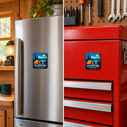 Yellowstone — Camping Magnet square magnet on refrigerator and toolbox