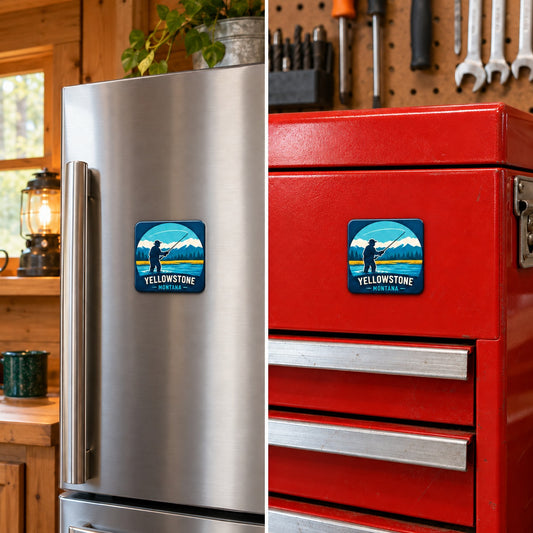 Yellowstone — Fly Fisherman Magnet square magnet on refrigerator and toolbox