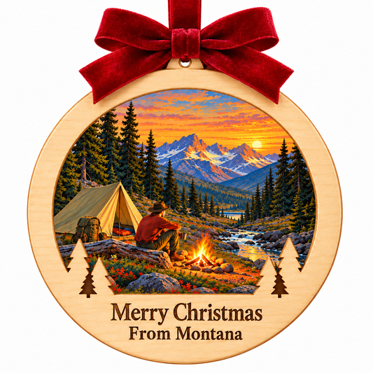 Backcountry Camp Montana Classic ornament in approved frame