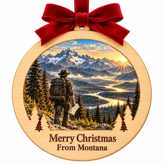 Adventure Calls Montana Signature ornament in approved frame