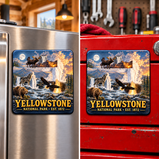 Yellowstone square magnet on fridge and toolbox