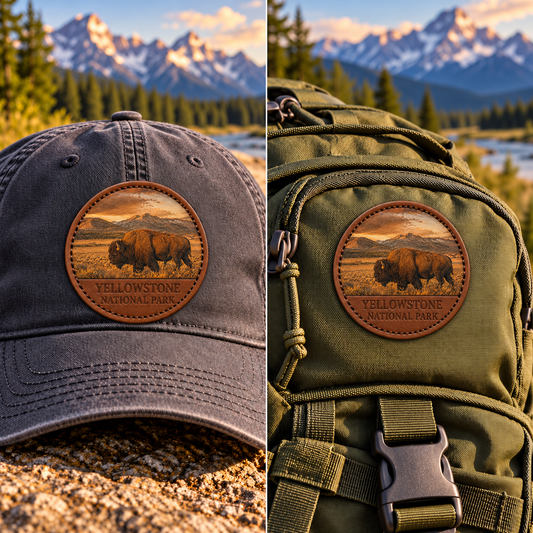 Yellowstone Bison embroidered-look patch on cap and backpack