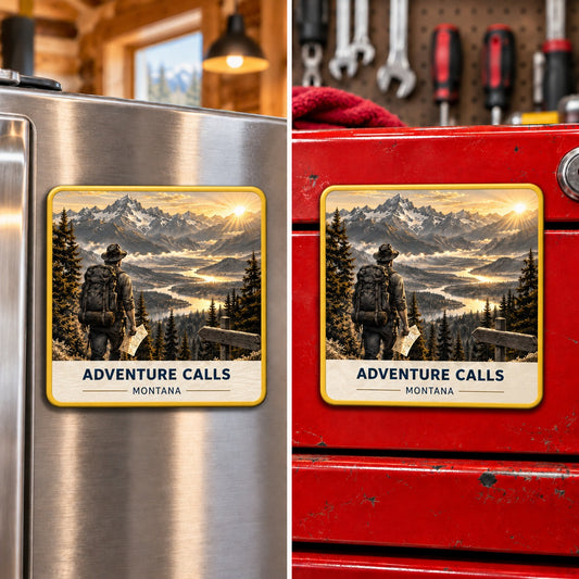 Adventure Calls Montana Magnet - Signature square magnet on refrigerator and toolbox