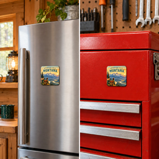 Adventure Calls Montana Magnet - Classic square magnet on refrigerator and toolbox