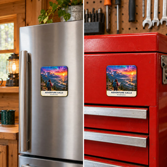Adventure Calls Montana Magnet - Fusion square magnet on refrigerator and toolbox