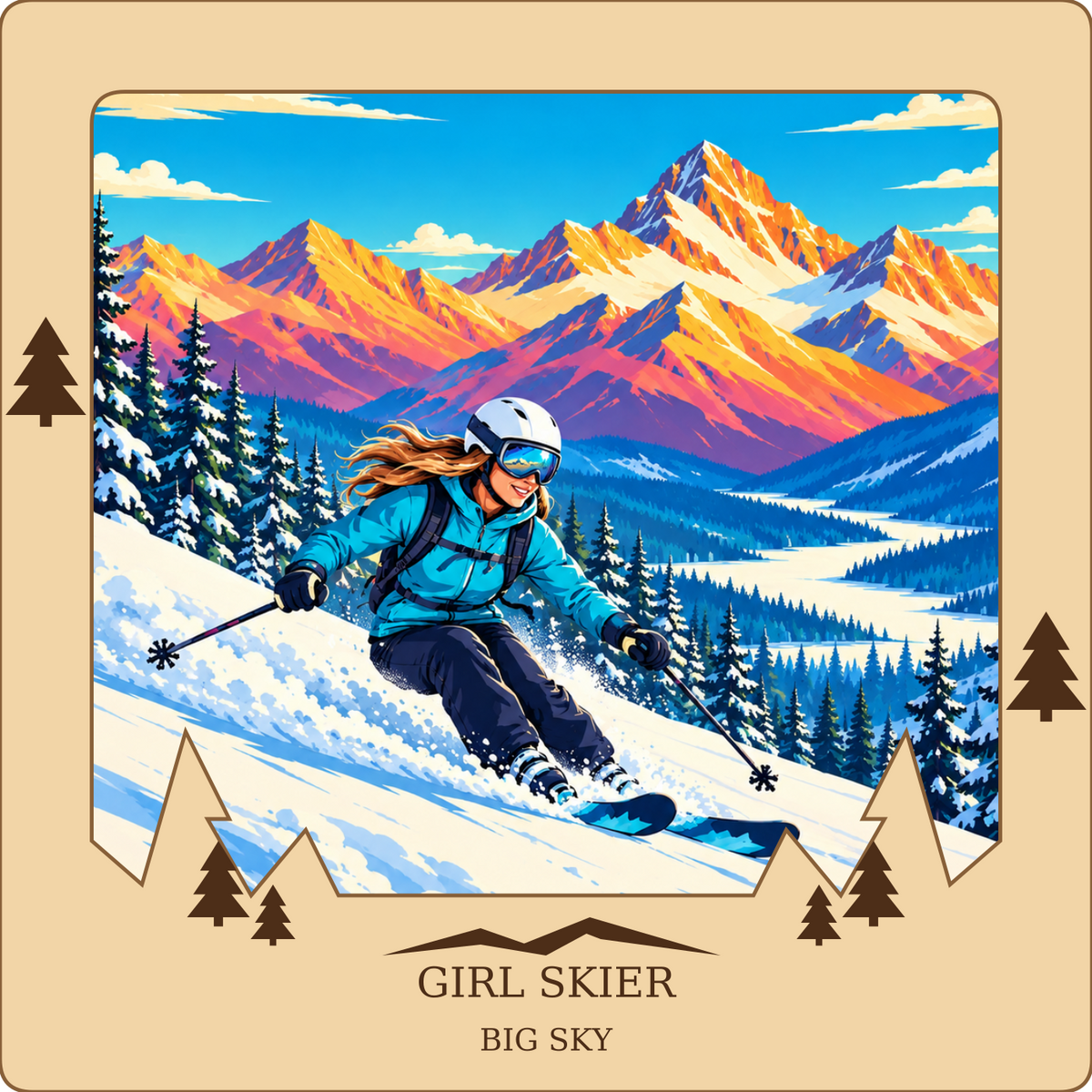 SL-BS-01-NL | Girl Skier framed design preview; hardware not shown