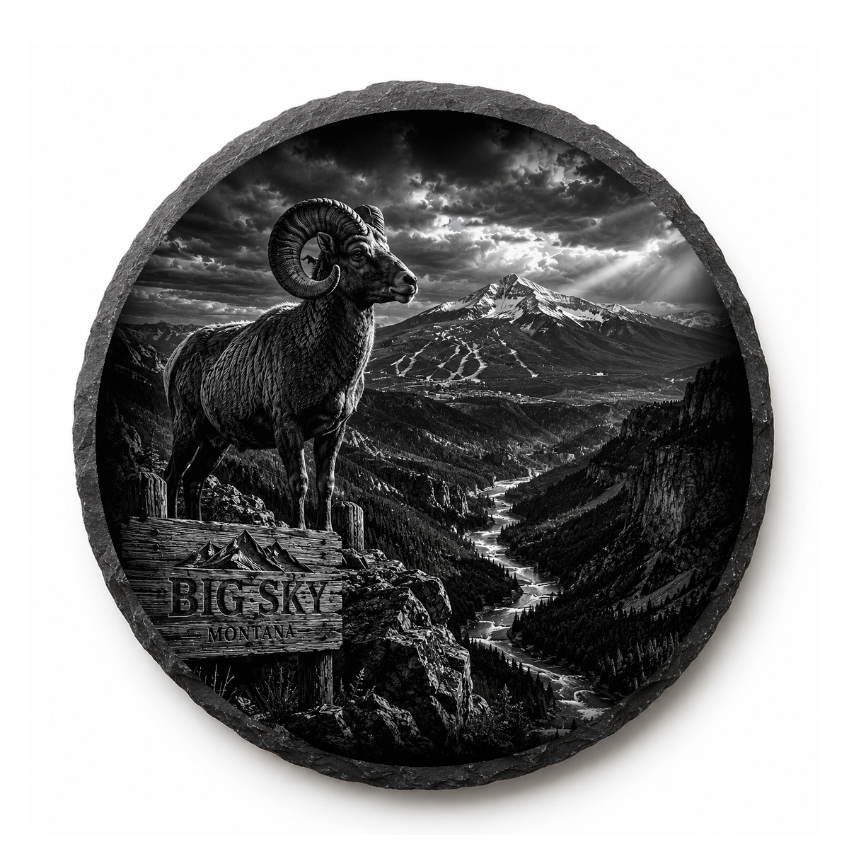 Bighorn Ram Slate Coaster — full-face engraved slate coaster