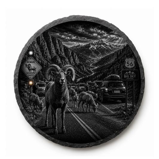 Highway 56 Bighorn Sheep Encounter Slate Coaster — full-face engraved slate coaster