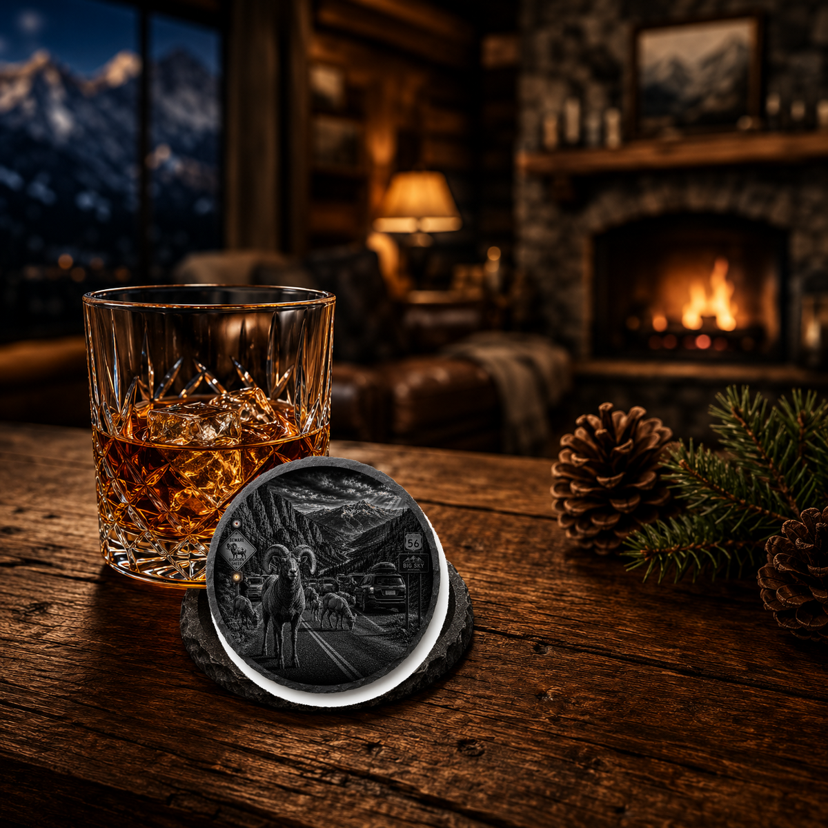 Highway 56 Bighorn Sheep Encounter Slate Coaster — lifestyle