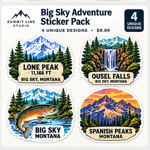 Concept preview, Big Sky Adventure four-sticker pack, final print artwork pending