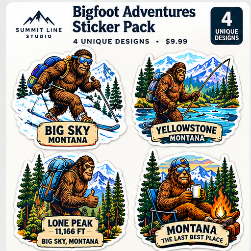 Concept preview, Bigfoot Adventures four-sticker pack, final print artwork pending
