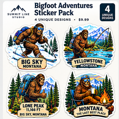 Concept preview, Bigfoot Adventures four-sticker pack, final print artwork pending