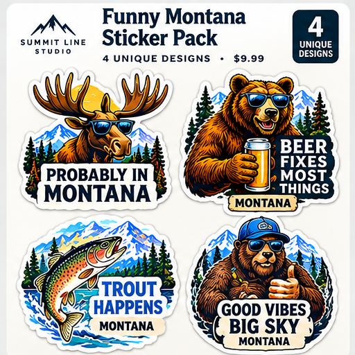 Concept preview, Funny Montana four-sticker pack, final print artwork pending