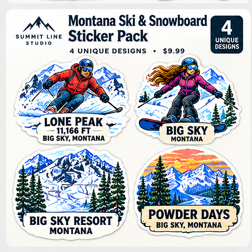 Concept preview, Montana Ski Snowboard four-sticker pack, final print artwork pending
