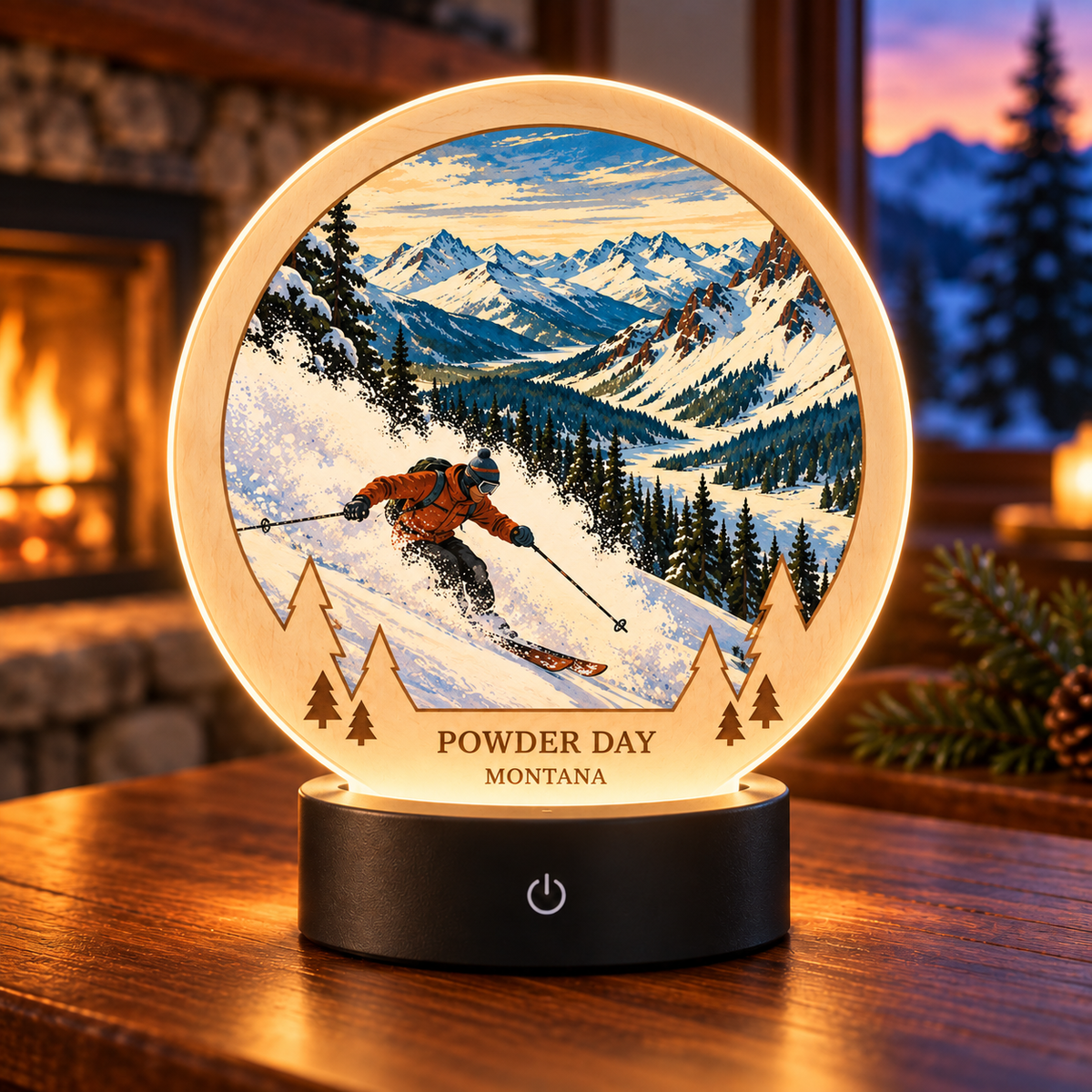 SL-OAC-01-CLASSIC-AL | Powder Day Montana — Classic Tabletop LED Lamp — generated lifestyle mockup