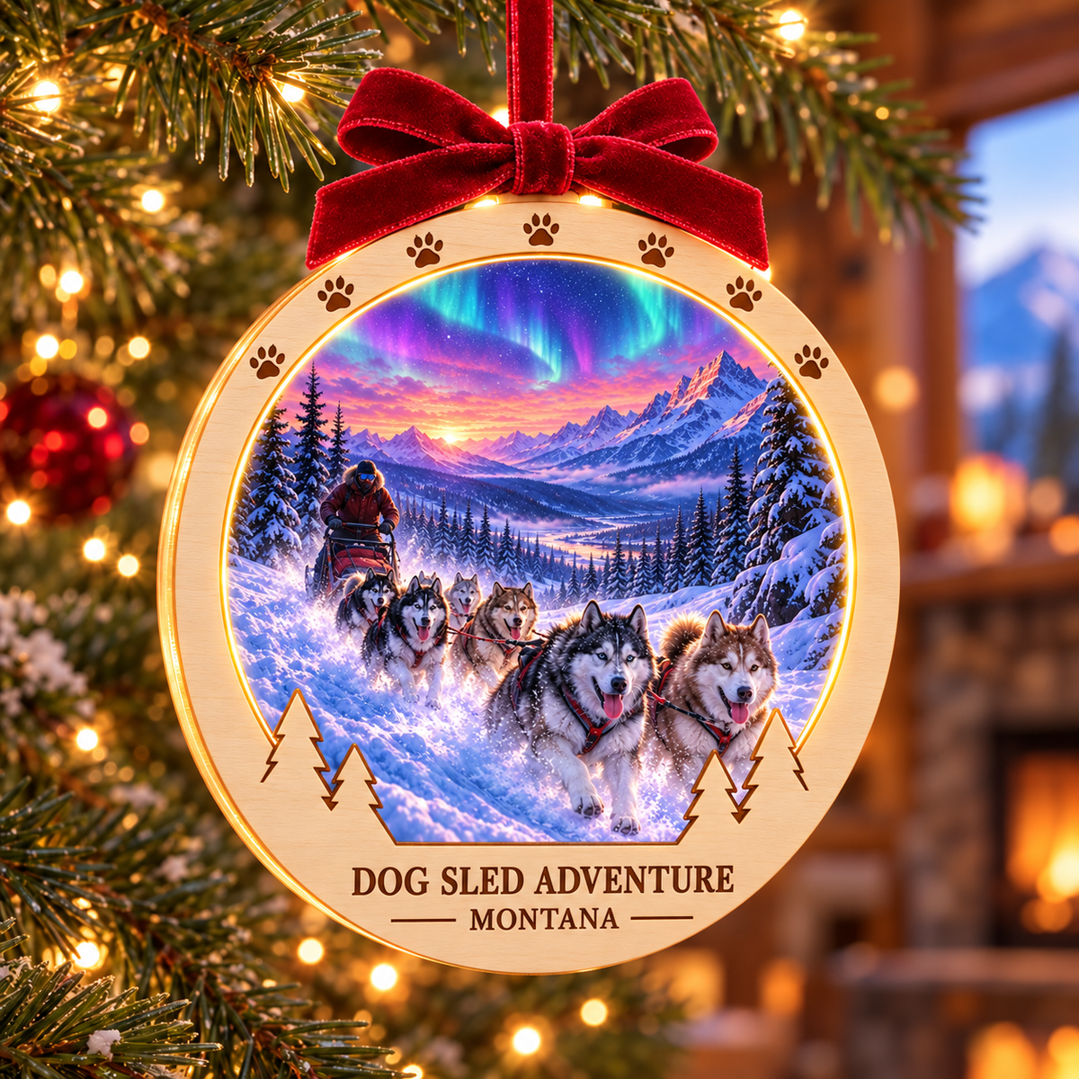 Dog Sled Adventure Montana Fusion Light-Up Ornament design mockup — natural wood frame, red velvet bow and warm LED glow