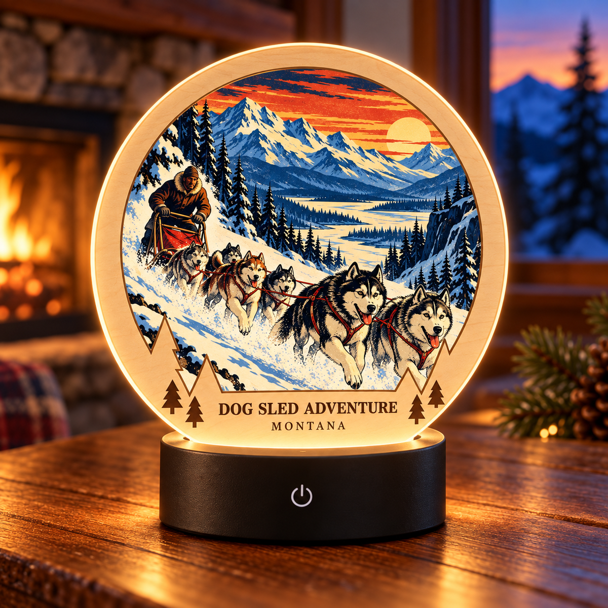 Dog Sled Adventure Montana Retro Tabletop LED Lamp — generated lifestyle mockup