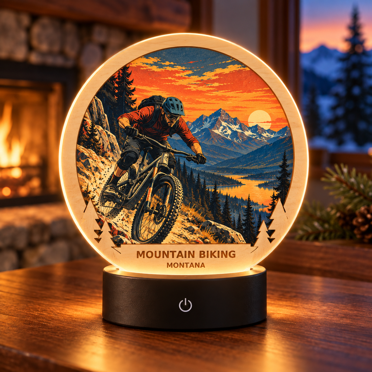 Mountain Biking Montana Retro Tabletop LED Lamp — generated lifestyle mockup