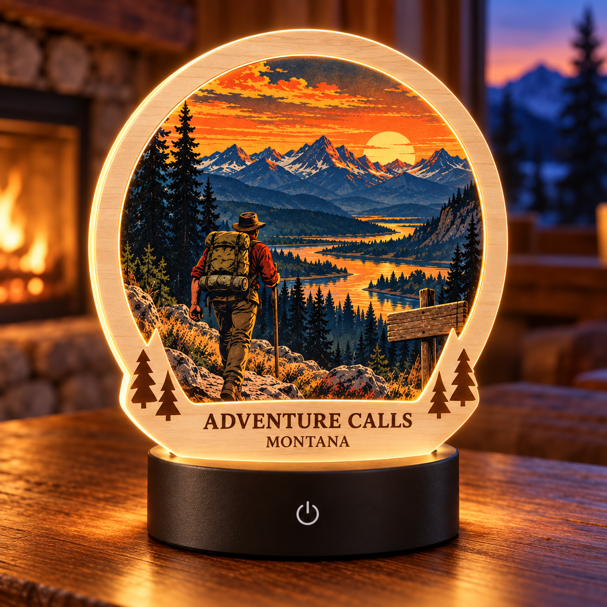 SL-OAC-10-RETRO-AL | Adventure Calls Montana Retro Tabletop LED Lamp — generated lifestyle mockup
