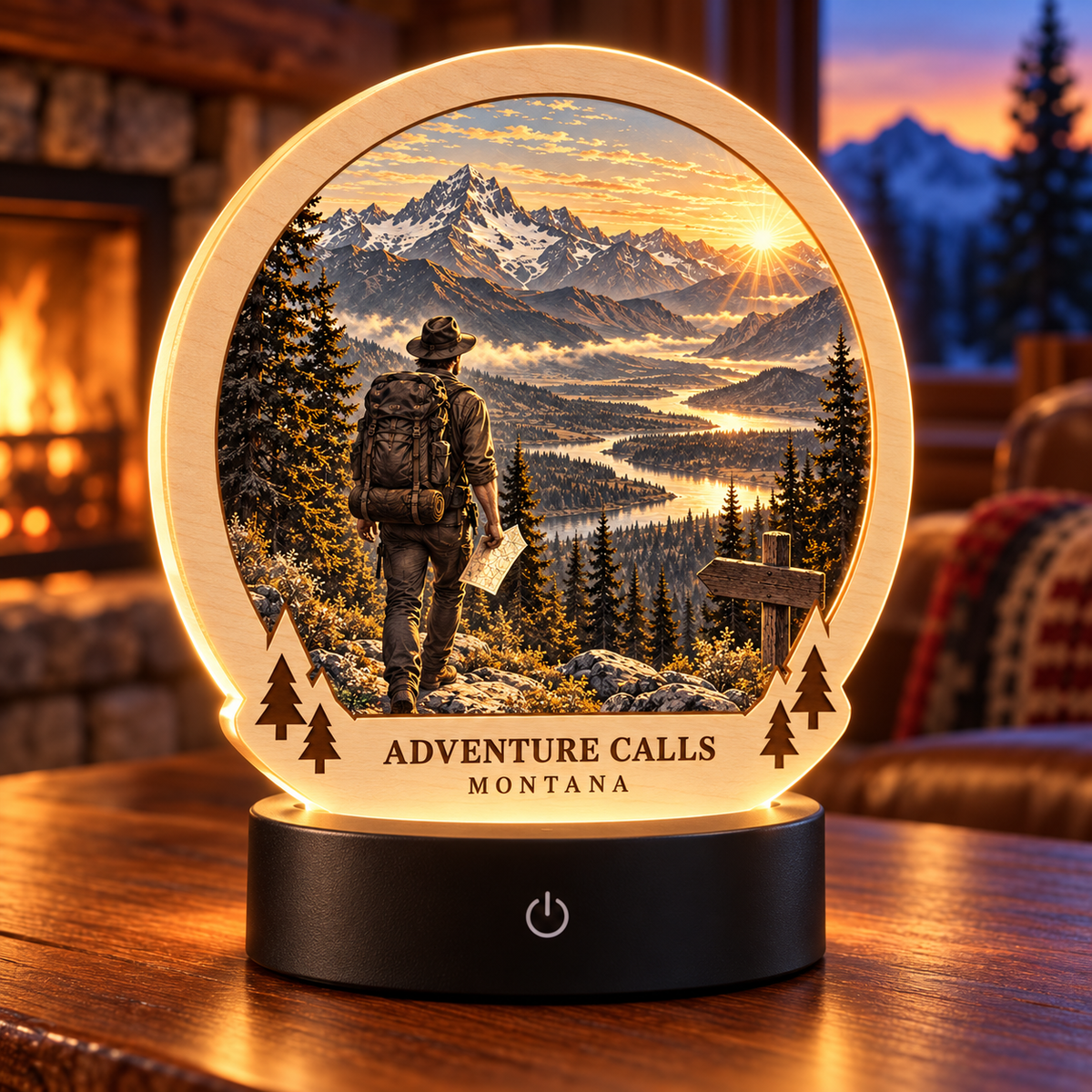 SL-OAC-10-SIGNATURE-AL | Adventure Calls Montana Signature Tabletop LED Lamp — generated lifestyle mockup
