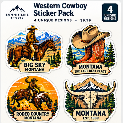 Concept preview, Western Cowboy four-sticker pack, final print artwork pending