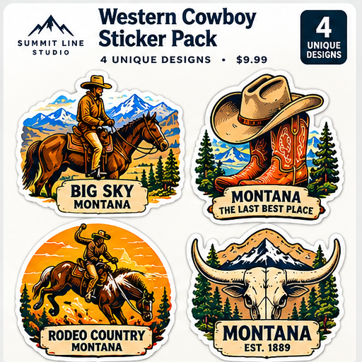 Concept preview, Western Cowboy four-sticker pack, final print artwork pending