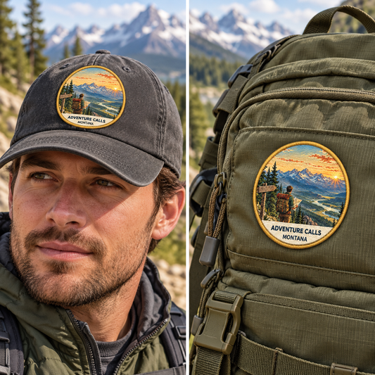 Adventure Calls Montana Classic patch shown on a cap and backpack