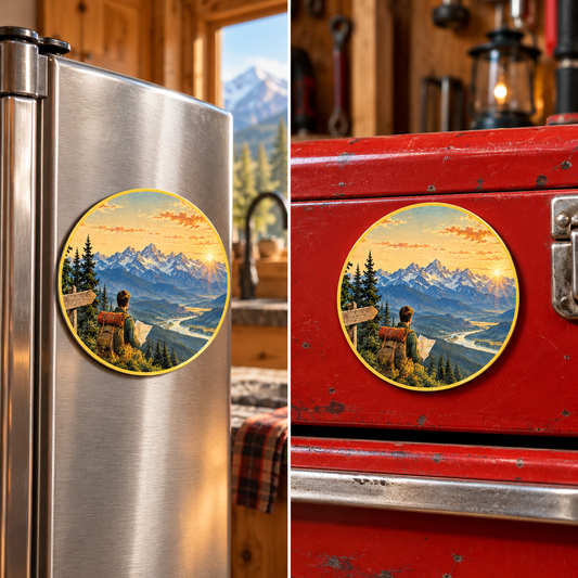 Adventure Calls Montana Magnet - Classic shown on a refrigerator and toolbox