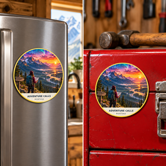Adventure Calls Montana Magnet - Fusion shown on a refrigerator and toolbox