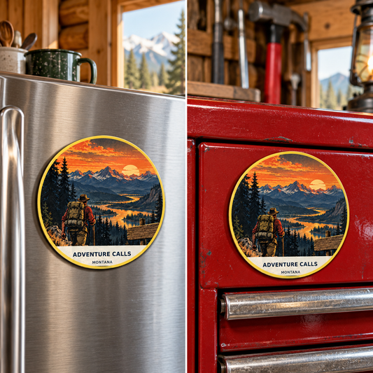 Adventure Calls Montana Magnet - Retro shown on a refrigerator and toolbox