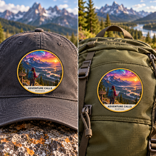 Adventure Calls Montana Patch - Fusion shown on a cap and backpack