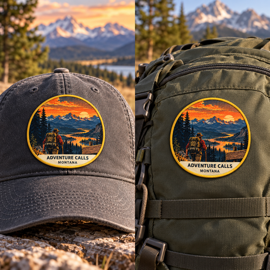 Adventure Calls Montana Patch - Retro shown on a cap and backpack