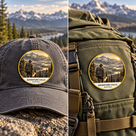 Adventure Calls Montana Patch - Signature shown on a cap and backpack