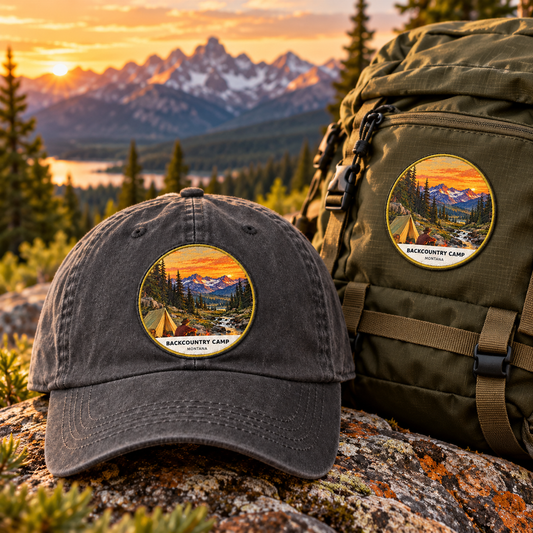 Backcountry Camp Montana Patch - Classic patch shown on a cap and hiking backpack