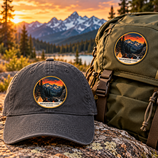 Backcountry Camp Montana Patch - Retro patch shown on a cap and hiking backpack