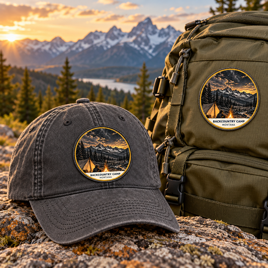 Backcountry Camp Montana Patch - Signature patch shown on a cap and hiking backpack