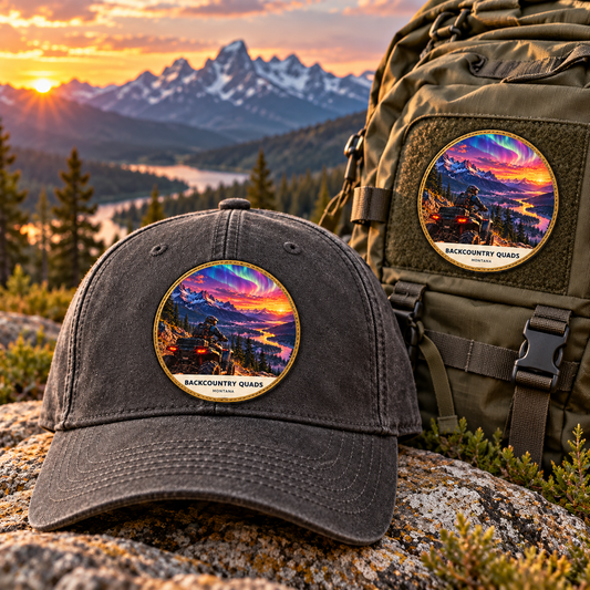 Backcountry Quads Montana Patch - Fusion patch shown on a cap and hiking backpack